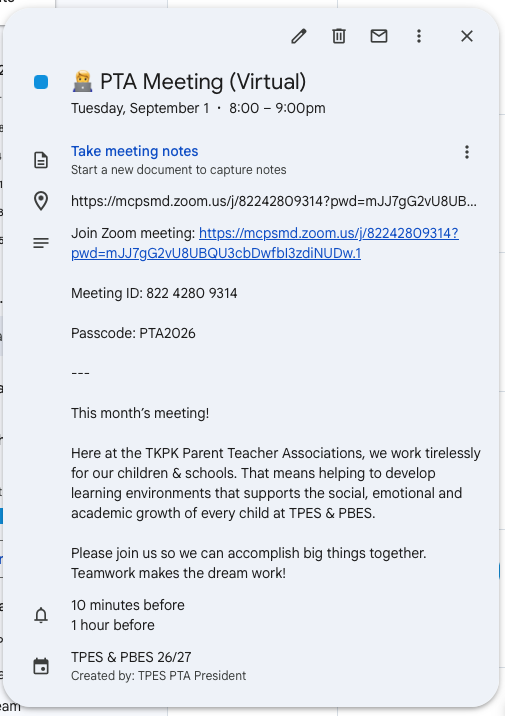 TPES PTA Meeting Calendar Invite