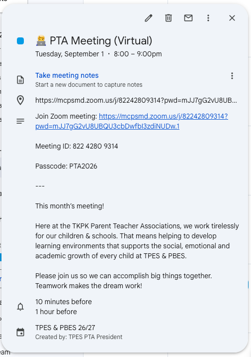 TPES PTA Meeting Calendar Invite